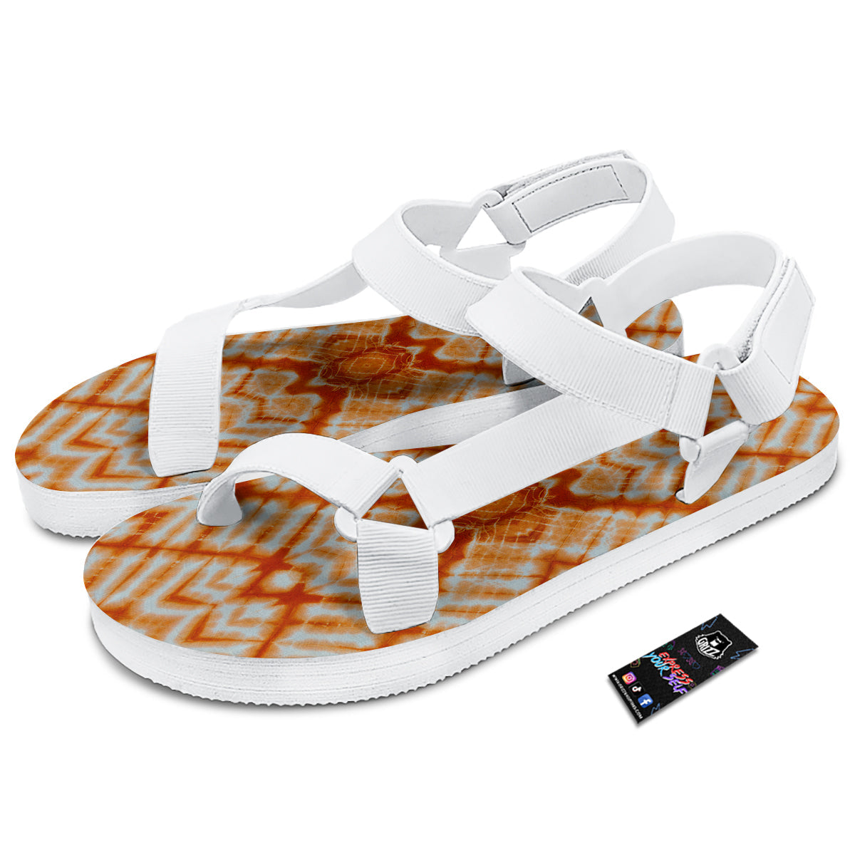 Tie Dye Zigzag Orange Watercolor Print White Open Toe Sandals-grizzshop