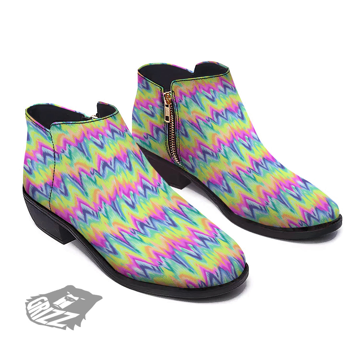 Tie Dye Zigzag Rainbow Print Pattern Ankle Boots-grizzshop