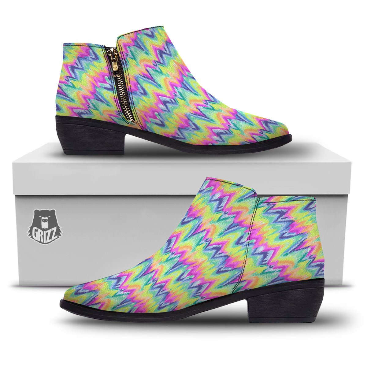 Tie Dye Zigzag Rainbow Print Pattern Ankle Boots-grizzshop