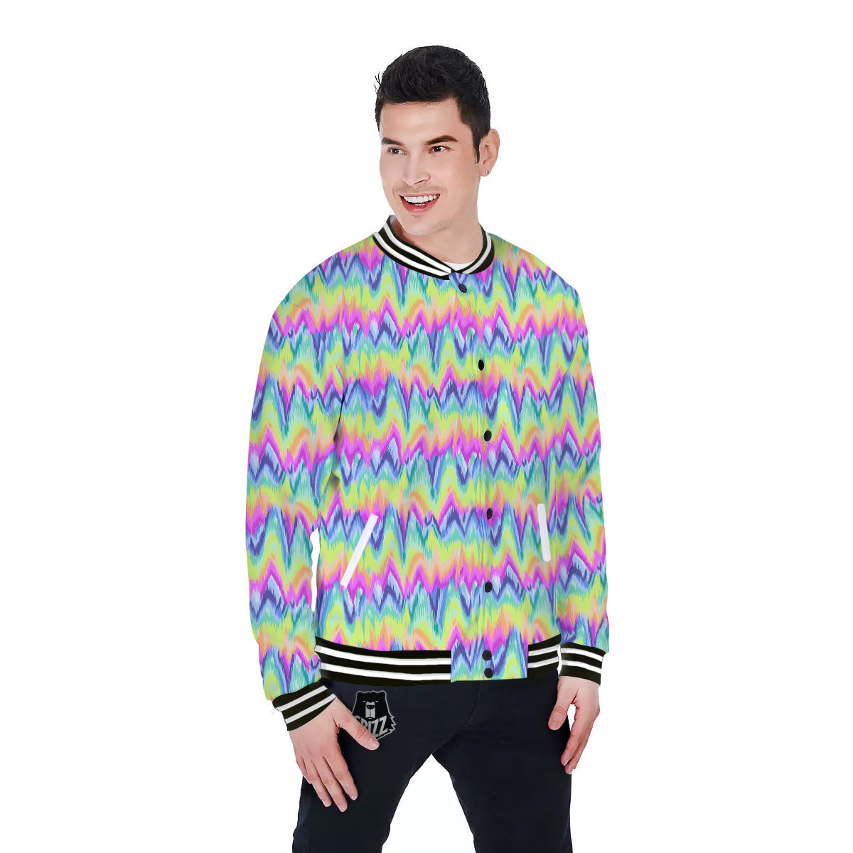 Tie Dye Zigzag Rainbow Print Pattern Baseball Jacket-grizzshop