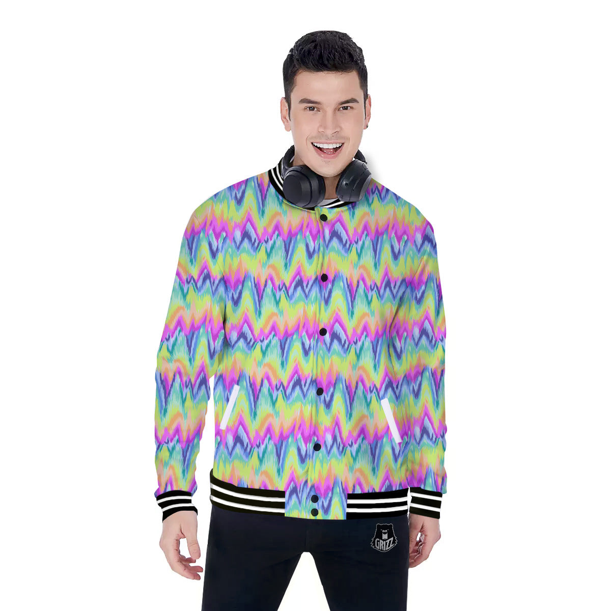 Tie Dye Zigzag Rainbow Print Pattern Baseball Jacket-grizzshop