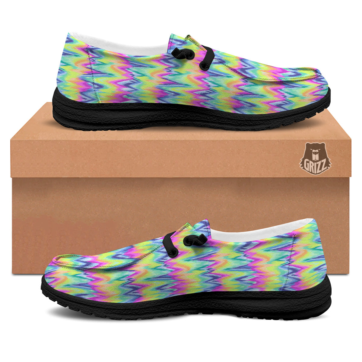 Tie Dye Zigzag Rainbow Print Pattern Black Loafers-grizzshop