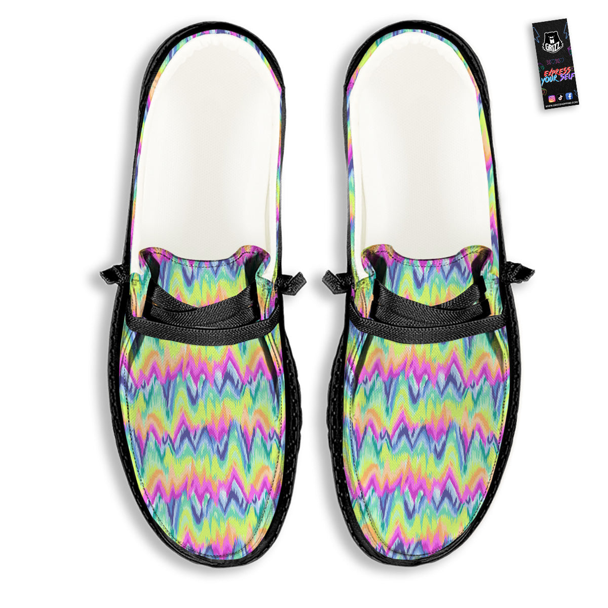 Tie Dye Zigzag Rainbow Print Pattern Black Loafers-grizzshop