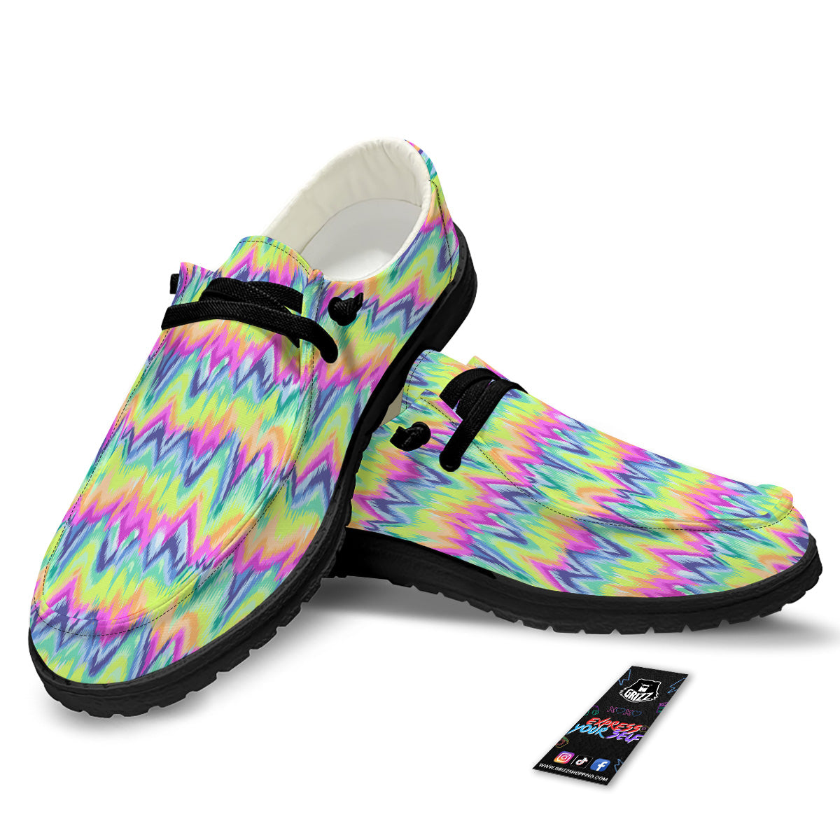 Tie Dye Zigzag Rainbow Print Pattern Black Loafers-grizzshop