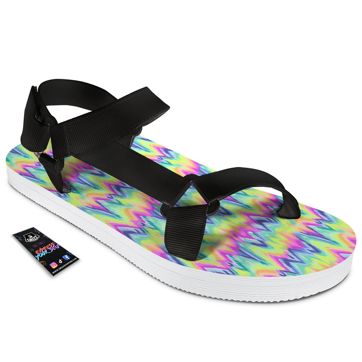 Tie Dye Zigzag Rainbow Print Pattern Black Open Toe Sandals-grizzshop