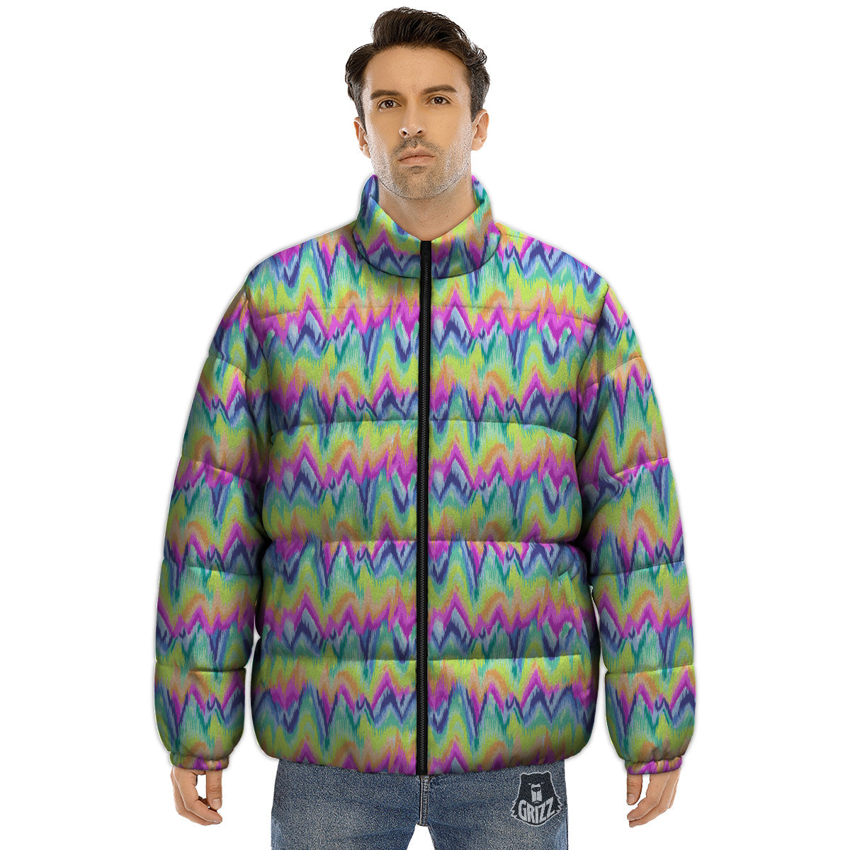 Tie Dye Zigzag Rainbow Print Pattern Puffer Jacket-grizzshop