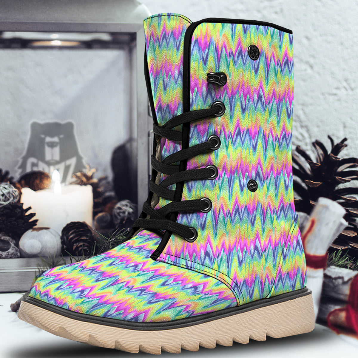 Tie Dye Zigzag Rainbow Print Pattern Snow Boots-grizzshop