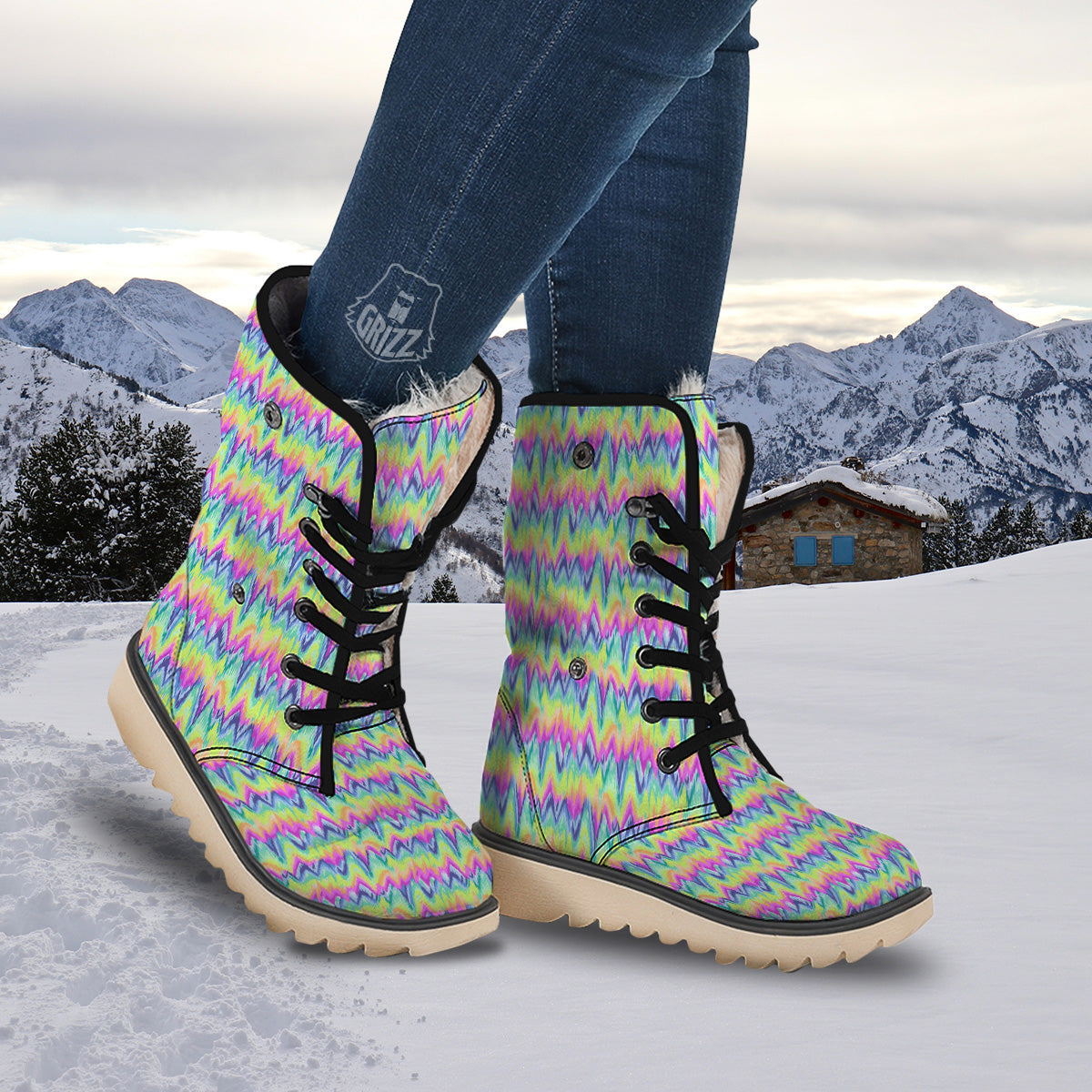 Tie Dye Zigzag Rainbow Print Pattern Snow Boots-grizzshop