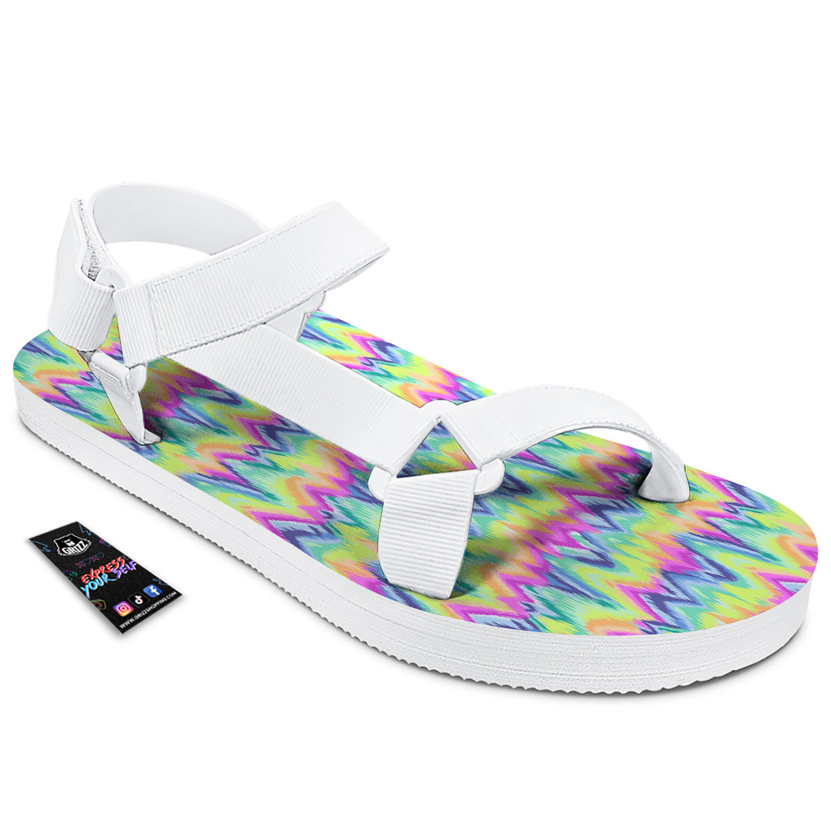 Tie Dye Zigzag Rainbow Print Pattern White Open Toe Sandals-grizzshop