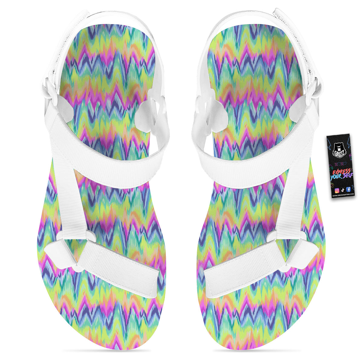 Tie Dye Zigzag Rainbow Print Pattern White Open Toe Sandals-grizzshop