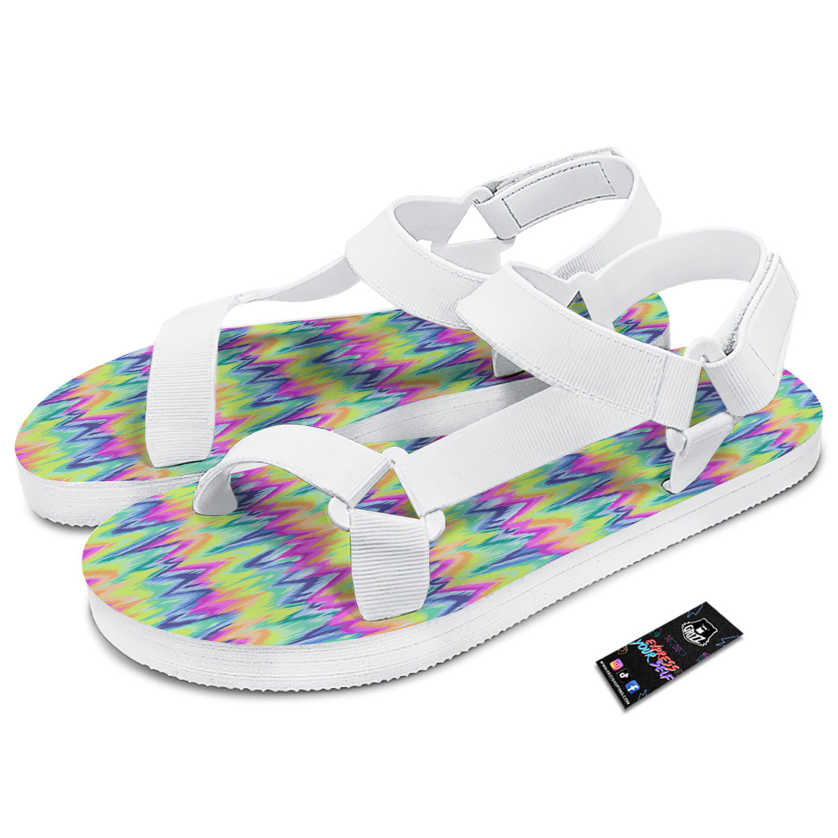 Tie Dye Zigzag Rainbow Print Pattern White Open Toe Sandals-grizzshop