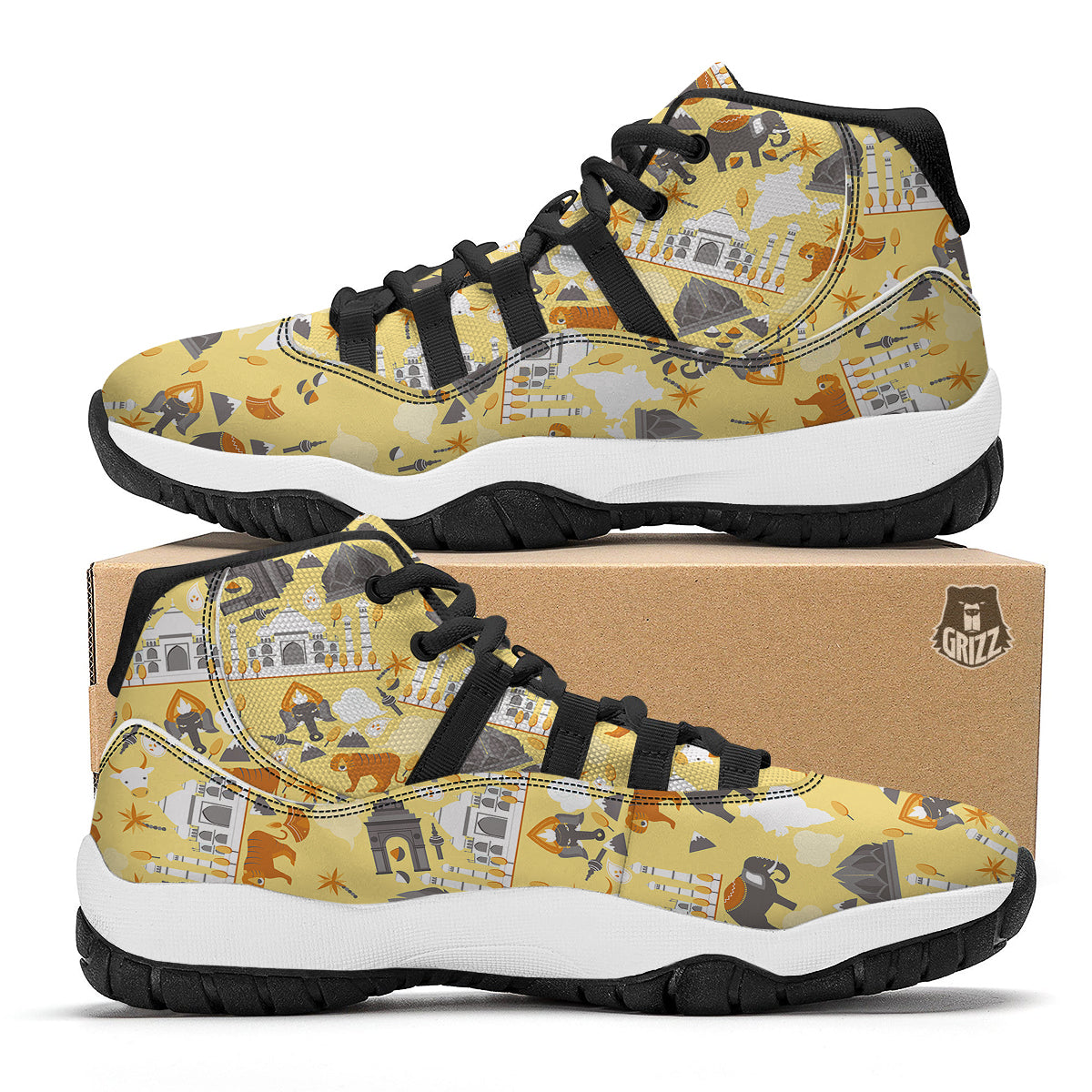 Tiger And Asian Elephant Print Black Bball Shoes-grizzshop