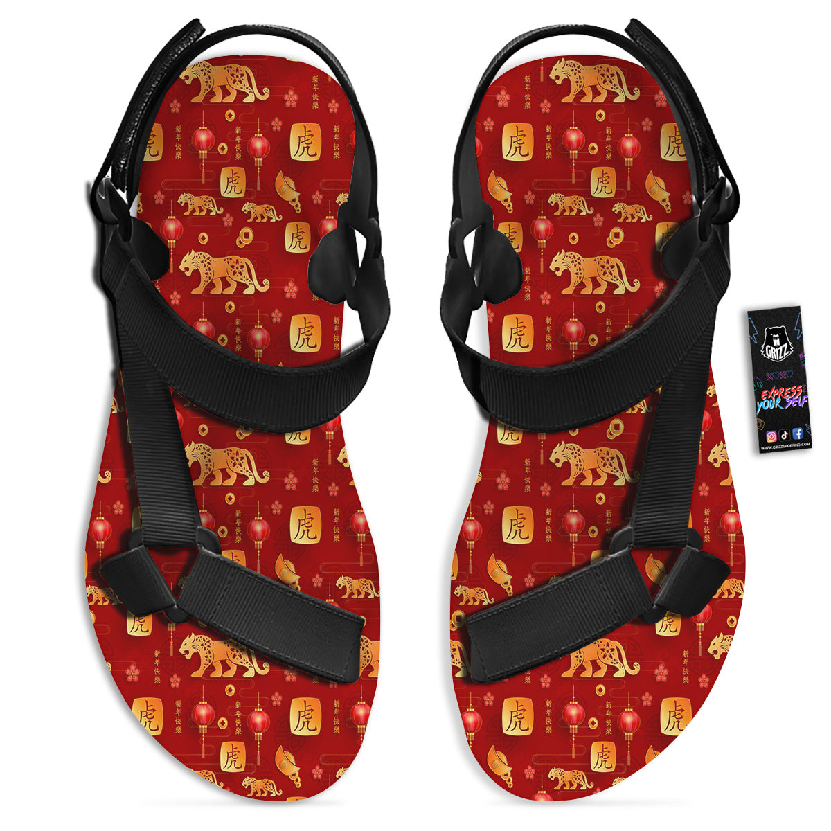 Tiger And Chinese New Year Print Pattern Black Open Toe Sandals-grizzshop