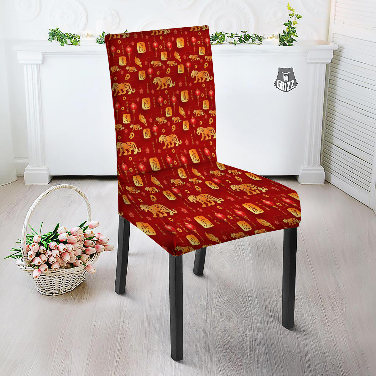 Tiger And Chinese New Year Print Pattern Dining Chair Slipcover-grizzshop