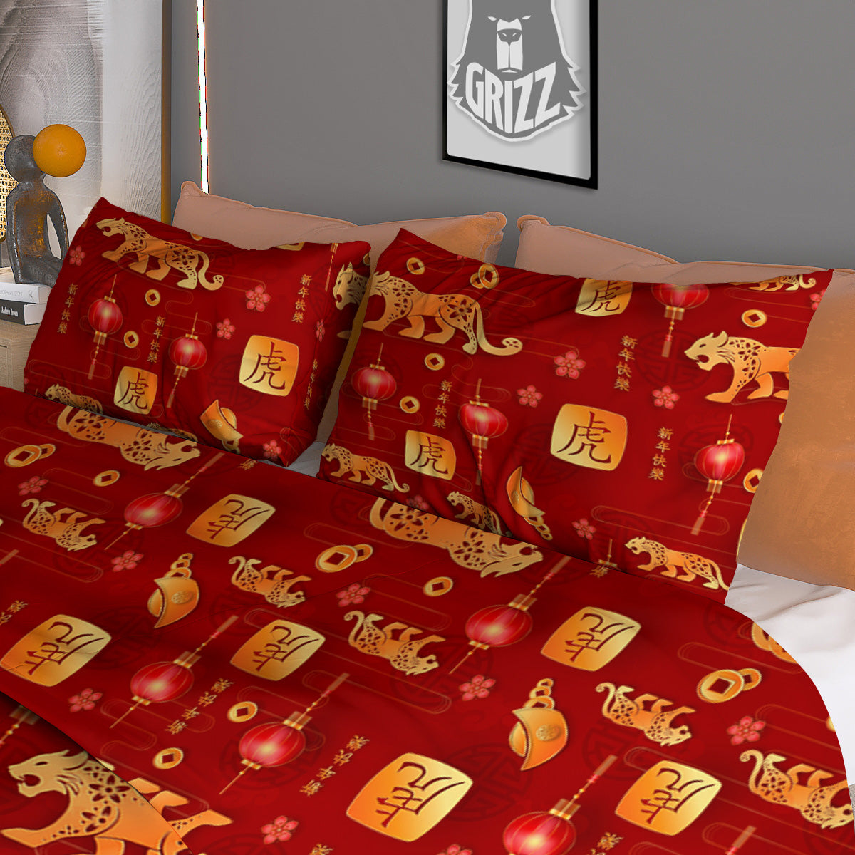 Tiger And Chinese New Year Print Pattern Duvet Cover Bedding Set