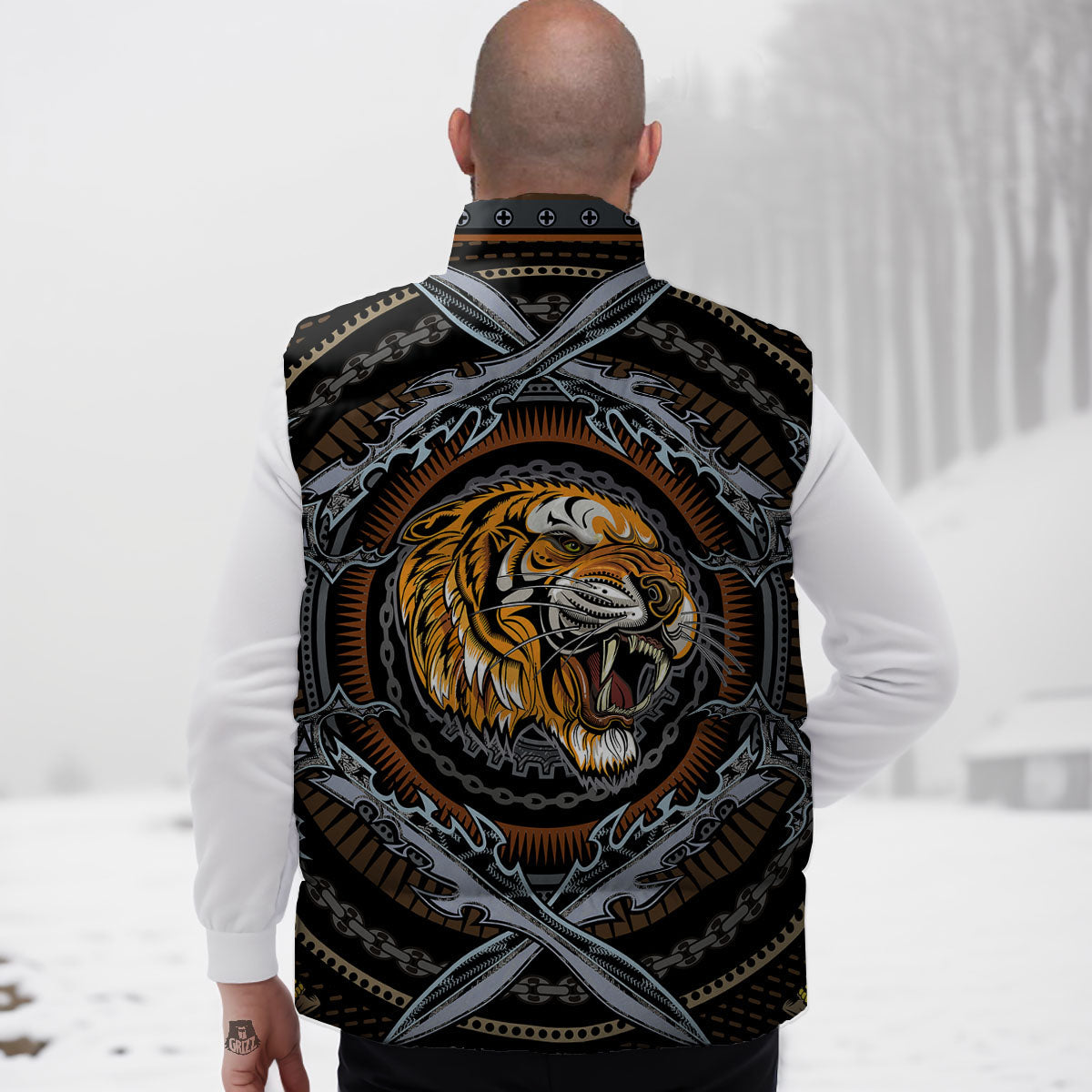 Tiger And Crossed Swords Print Down Vest