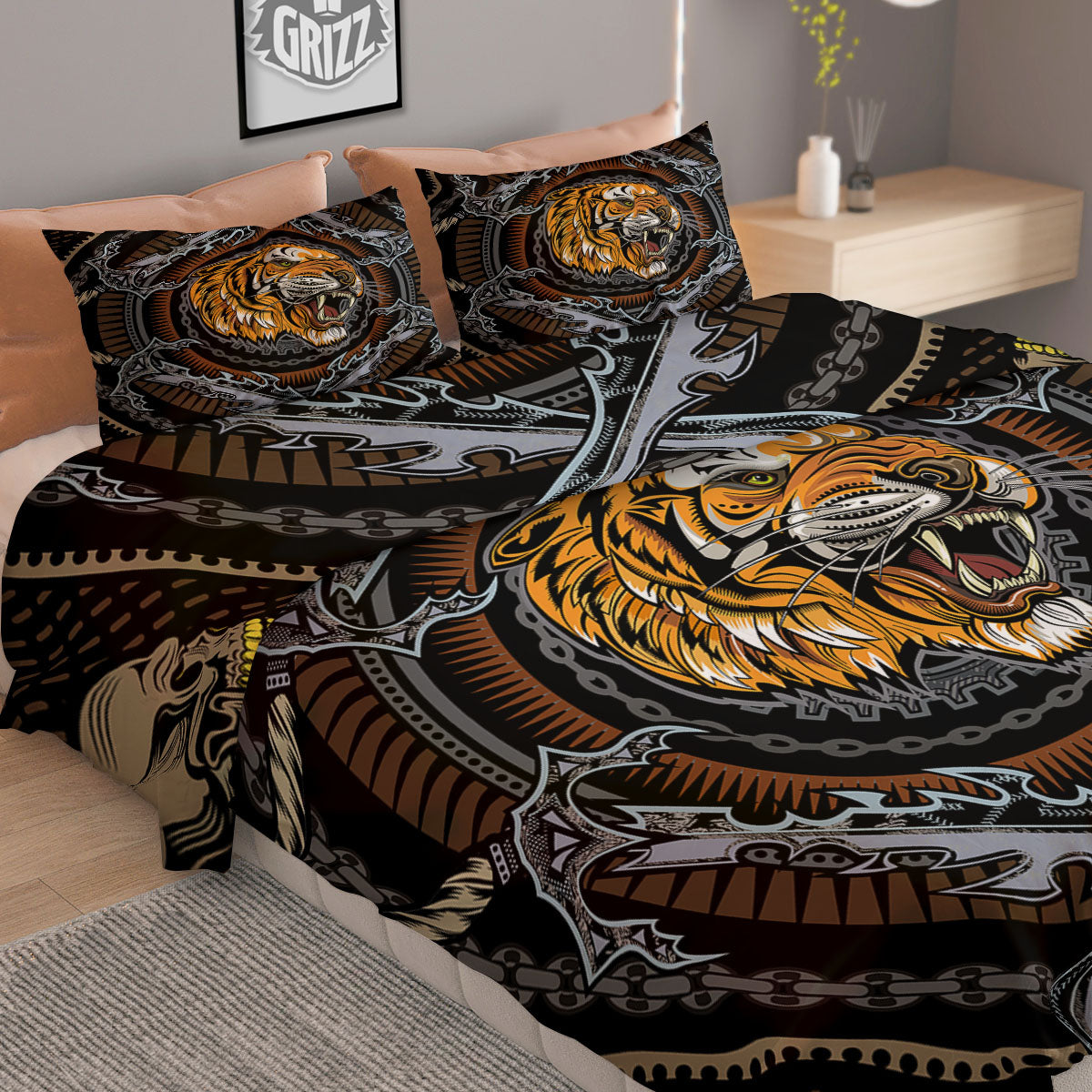 Tiger And Crossed Swords Print Duvet Cover Bedding Set
