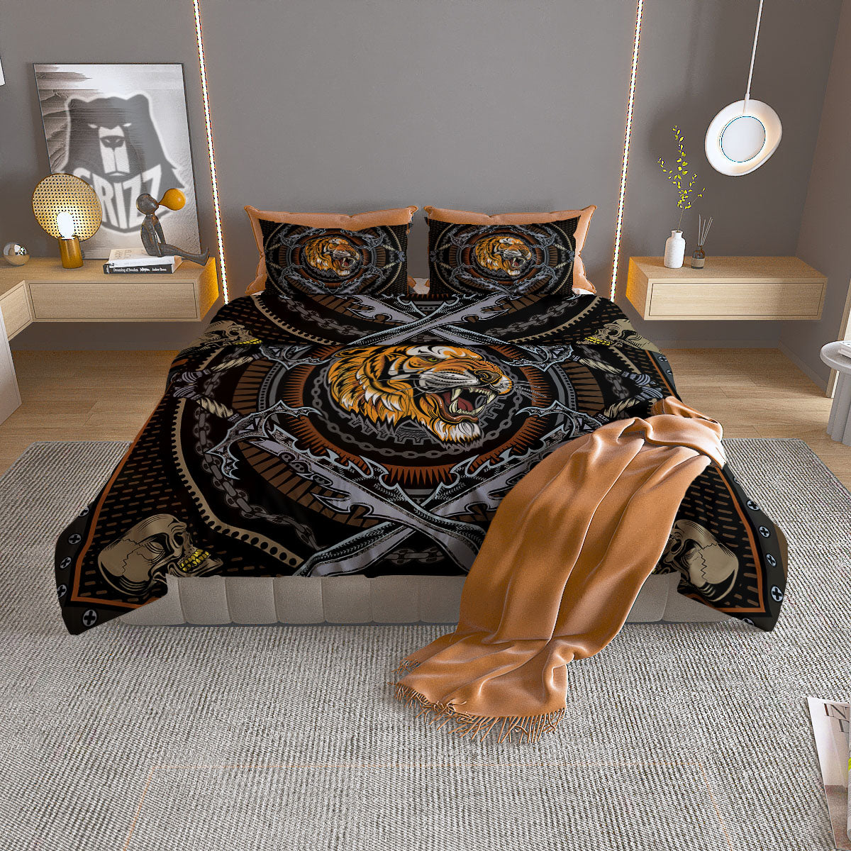 Tiger And Crossed Swords Print Duvet Cover Bedding Set