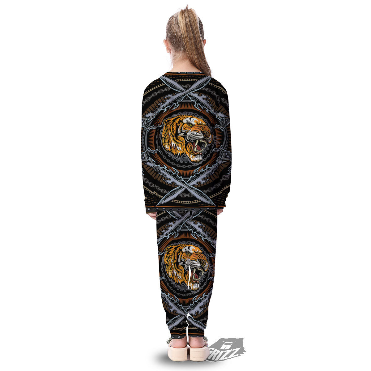 Tiger And Crossed Swords Print Kid's Pajamas-grizzshop