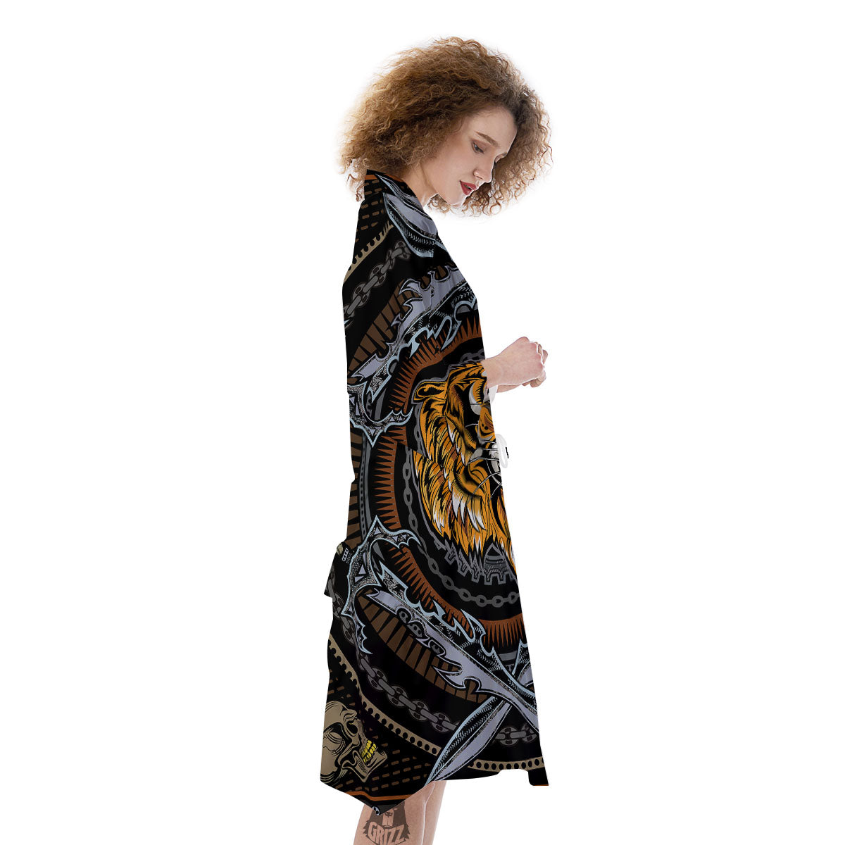 Tiger And Crossed Swords Print Kimono-grizzshop
