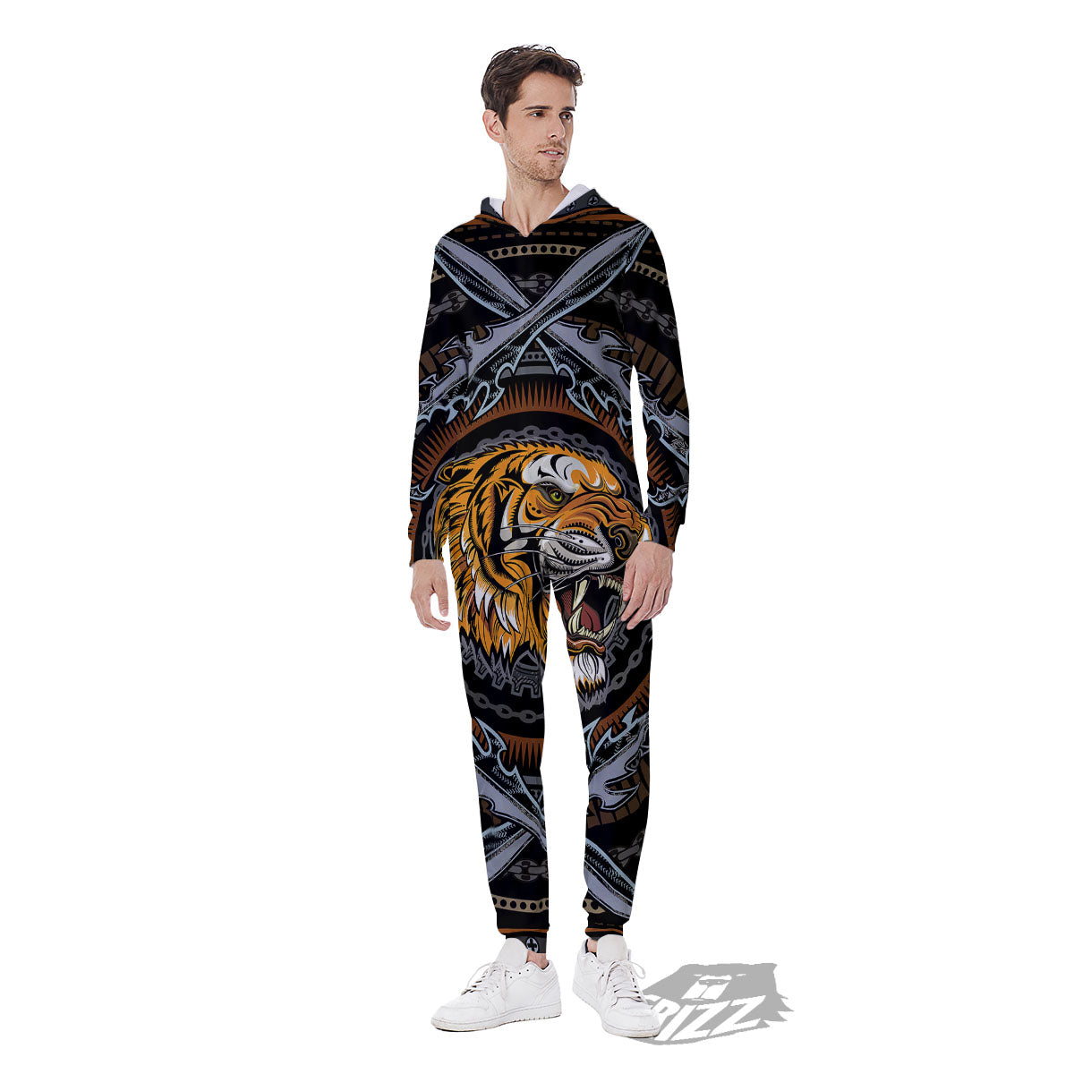 Tiger And Crossed Swords Print Men's Jumpsuit-grizzshop