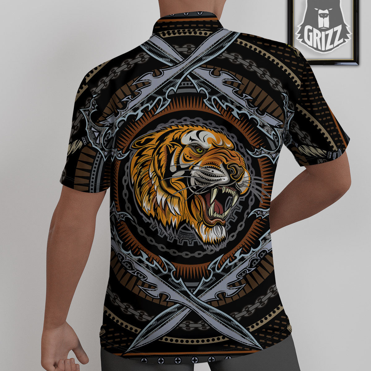 Tiger And Crossed Swords Print Untucked Shirts-grizzshop