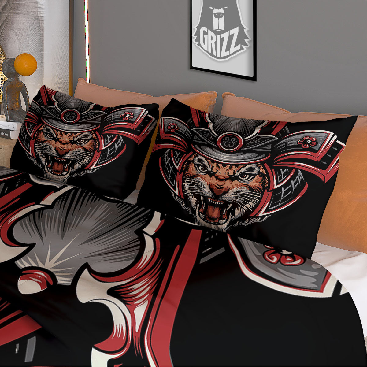 Tiger And Japanese Samurai Print Duvet Cover Bedding Set