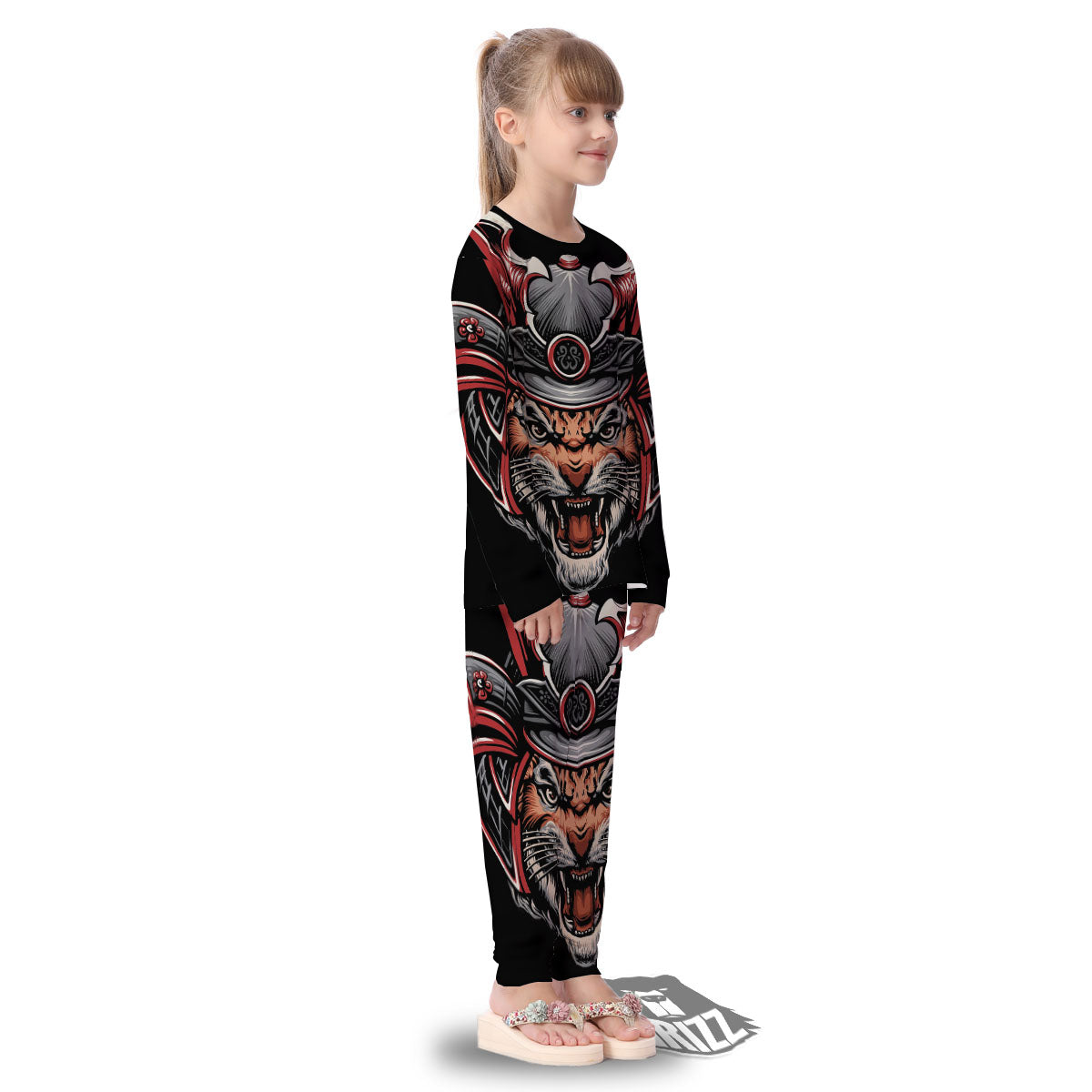Tiger And Japanese Samurai Print Kid's Pajamas-grizzshop