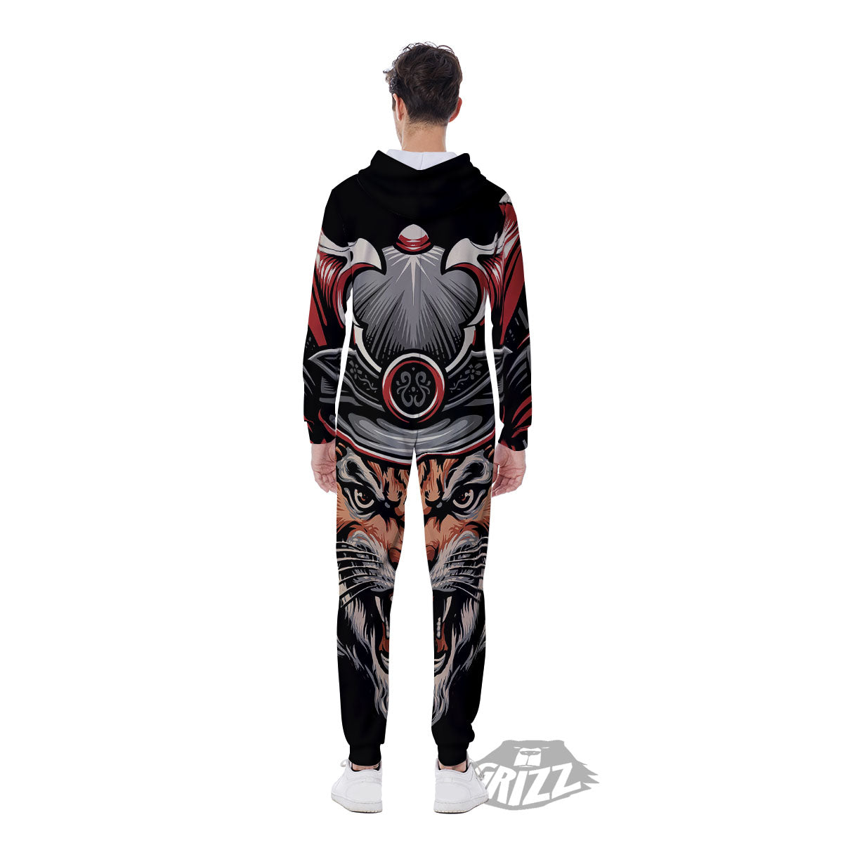Tiger And Japanese Samurai Print Men's Jumpsuit-grizzshop