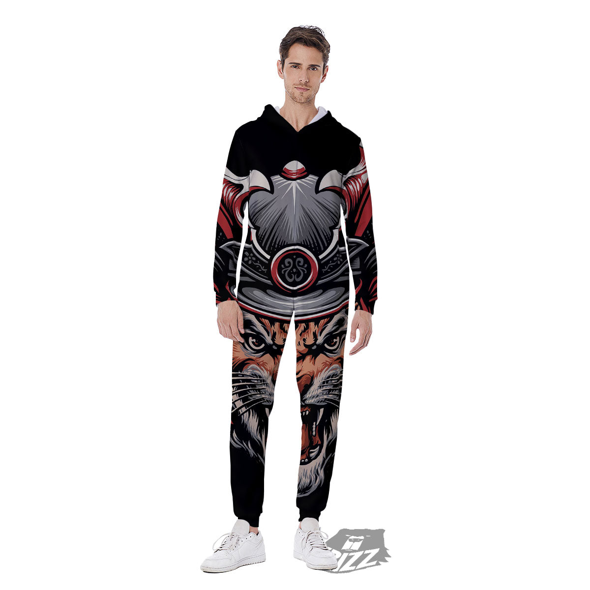 Tiger And Japanese Samurai Print Men's Jumpsuit-grizzshop