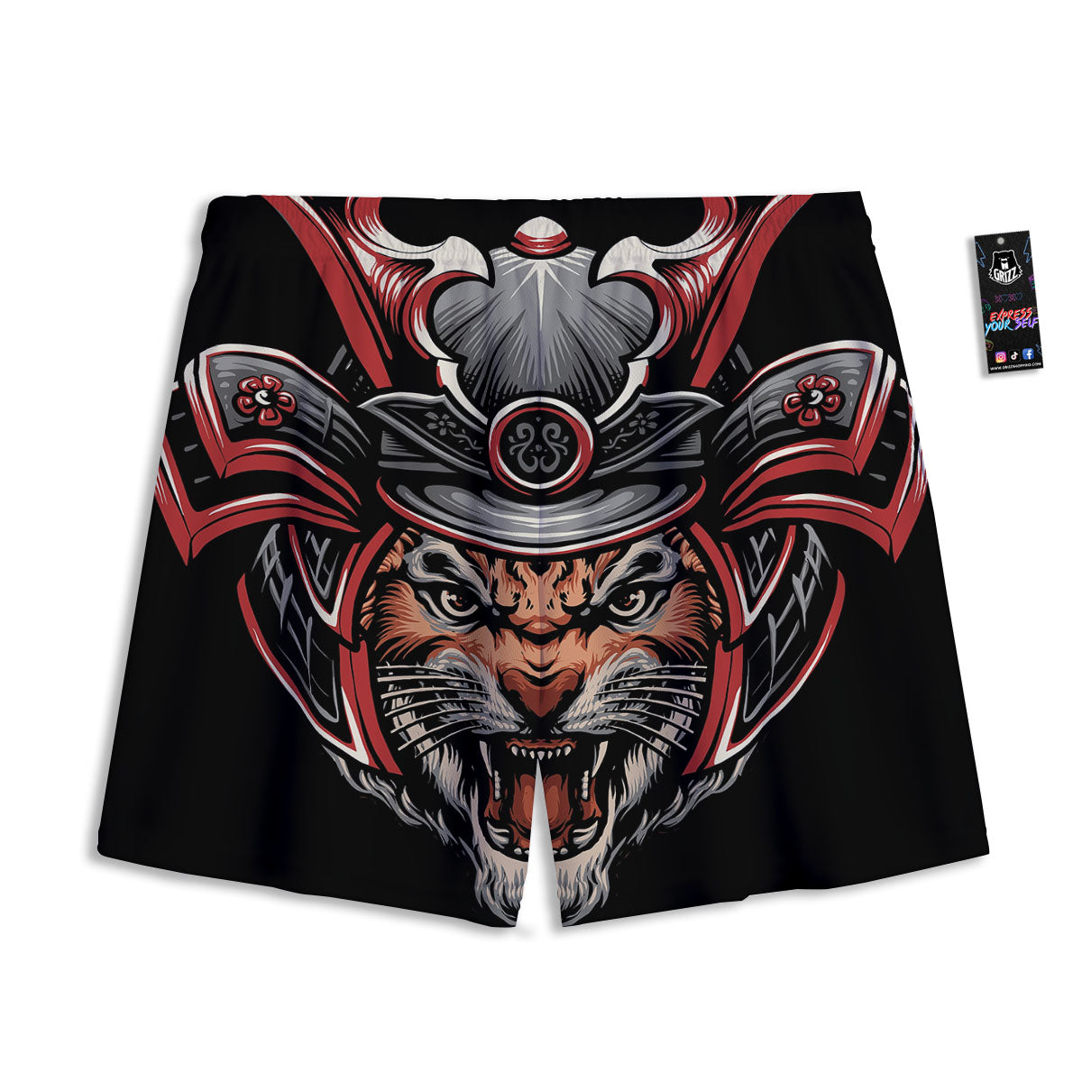 Tiger And Japanese Samurai Print Mesh Shorts