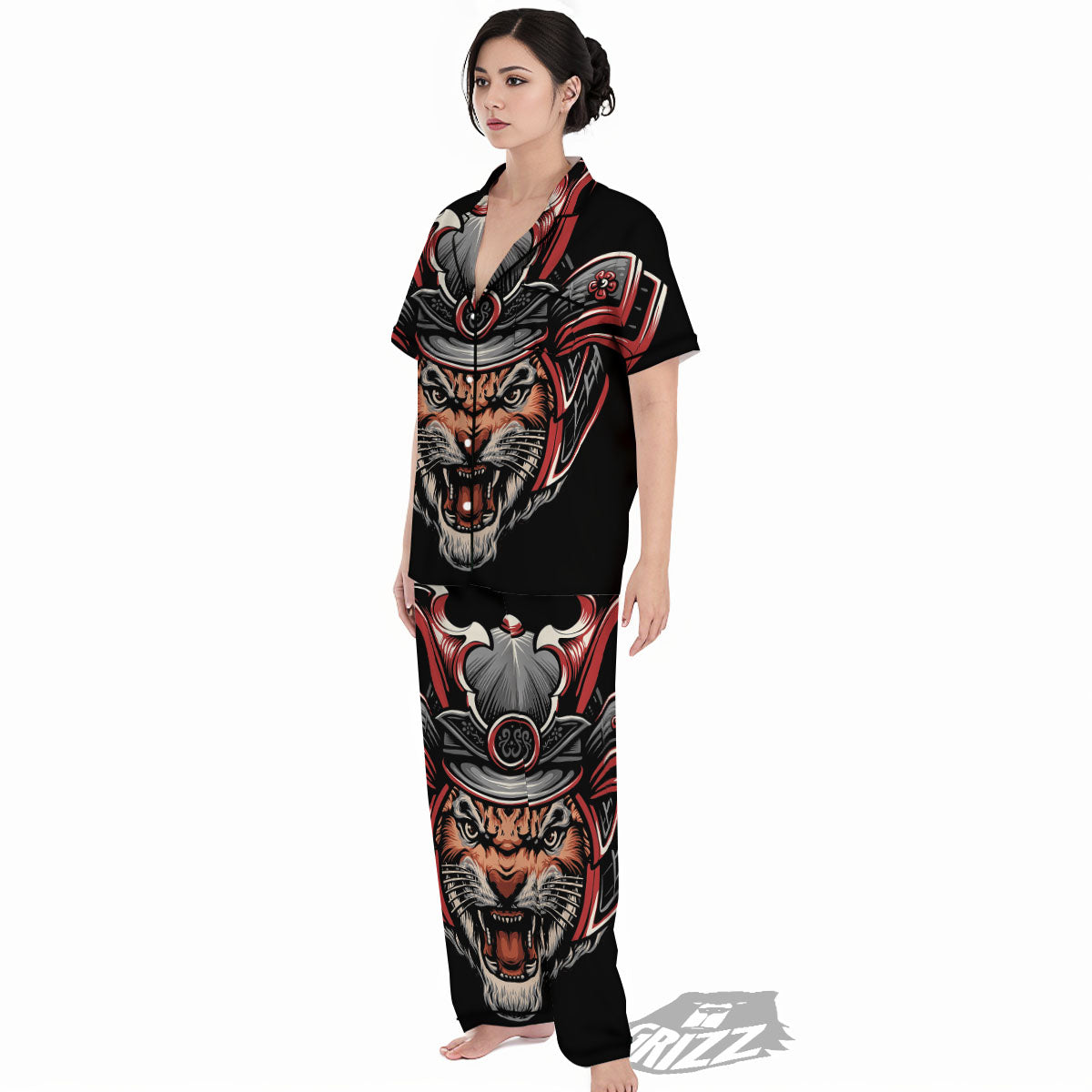 Tiger And Japanese Samurai Print Women's Pajamas Set-grizzshop
