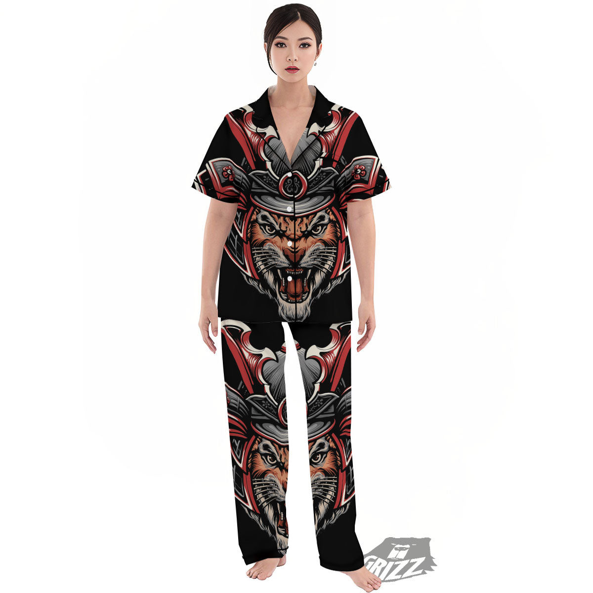 Tiger And Japanese Samurai Print Women's Pajamas Set-grizzshop