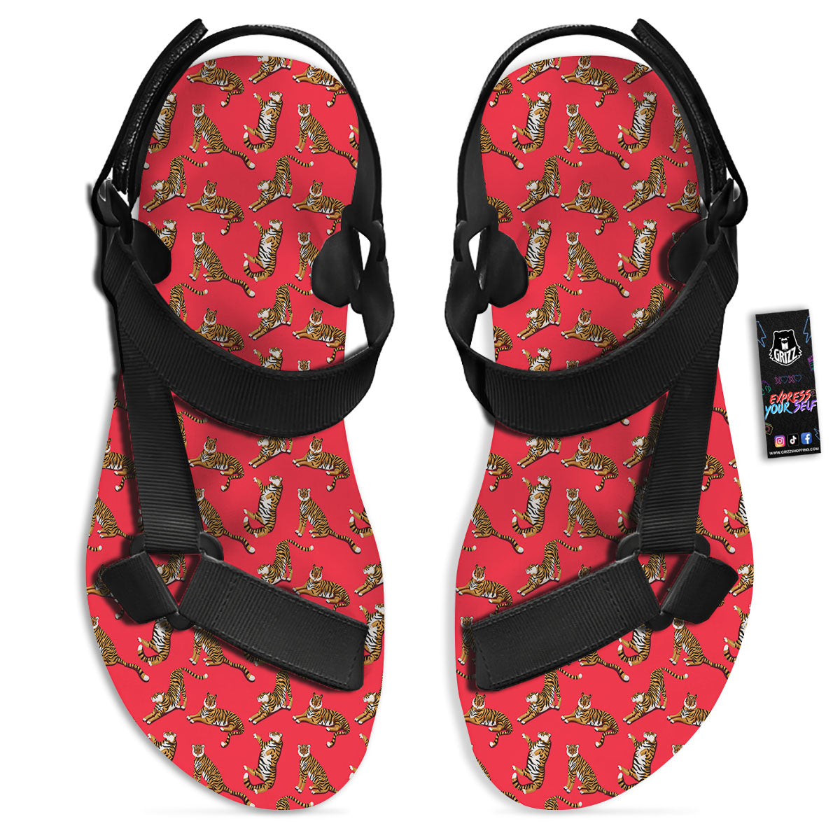 Tiger Cartoon Print Pattern Black Open Toe Sandals-grizzshop