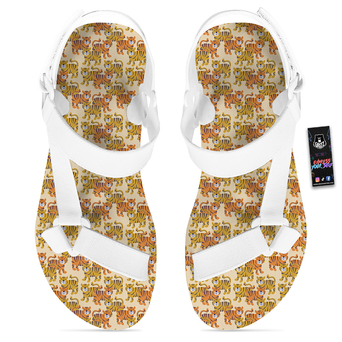 Tiger Cute Print Pattern White Open Toe Sandals-grizzshop