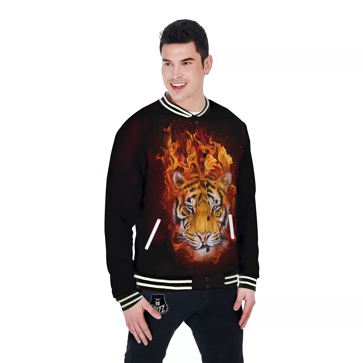 Tiger Flame Print Baseball Jacket-grizzshop