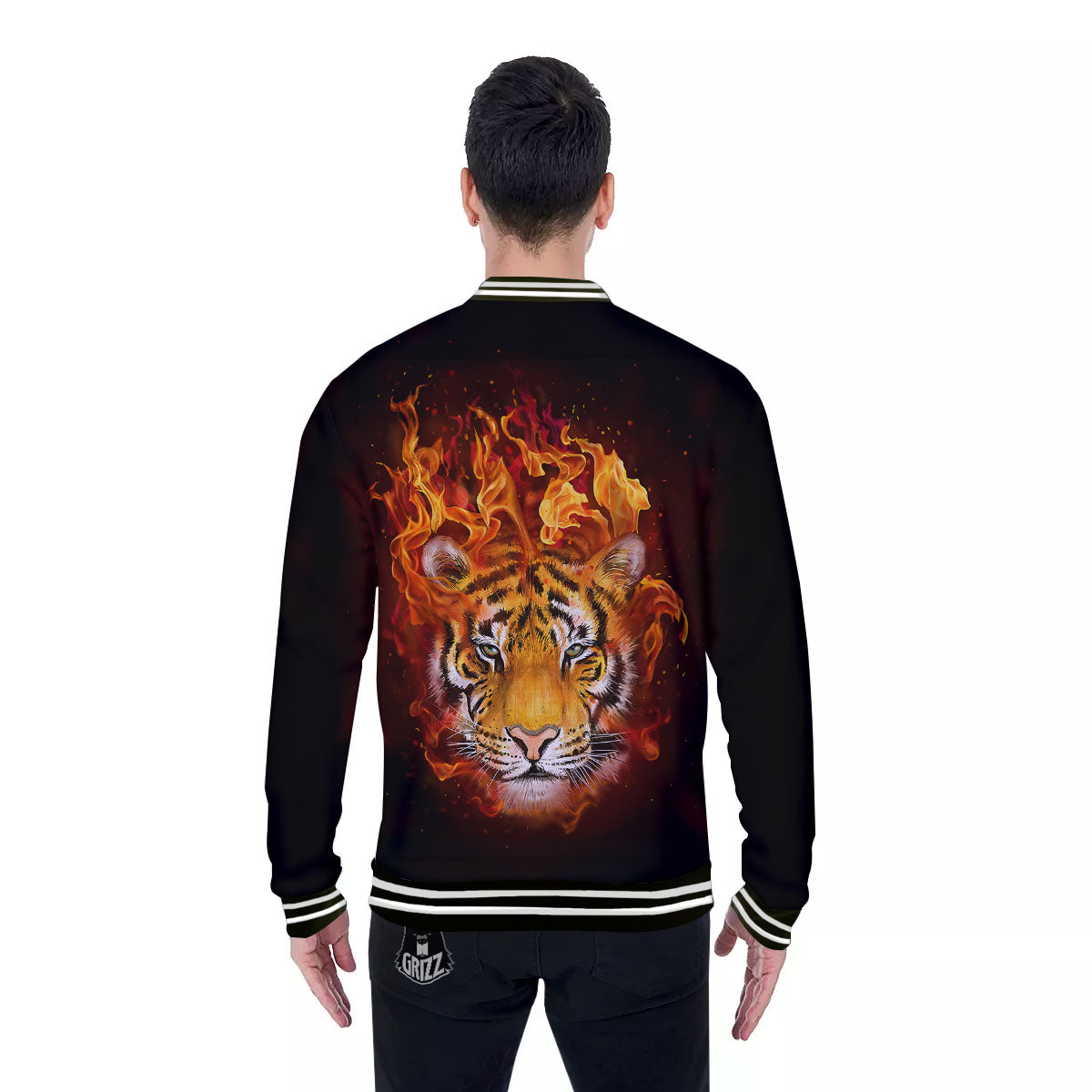 Tiger Flame Print Baseball Jacket-grizzshop