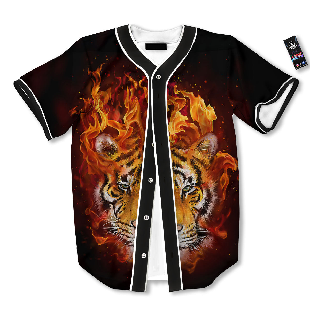 Tiger Flame Print Baseball Jersey-grizzshop