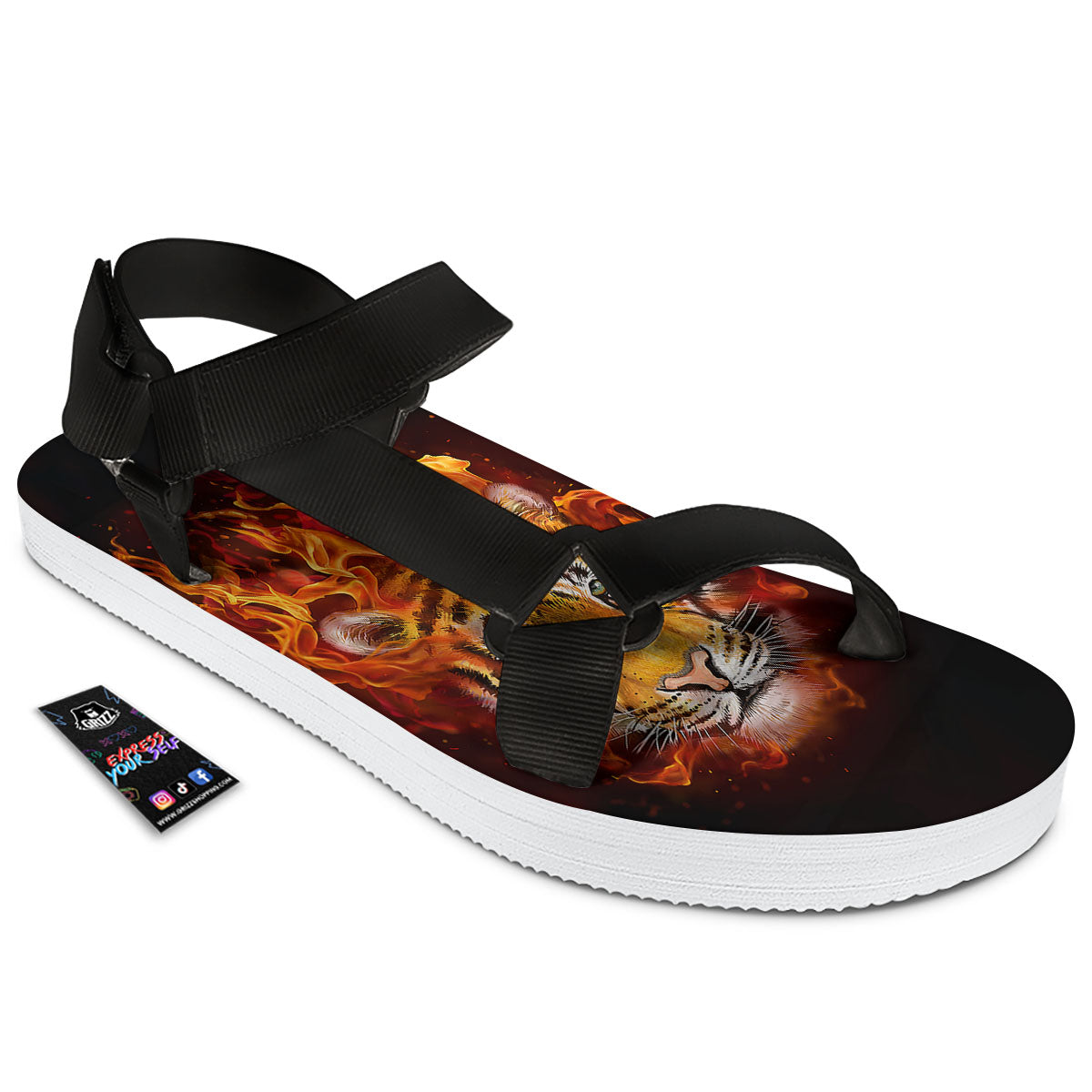 Tiger Flame Print Black Open Toe Sandals-grizzshop