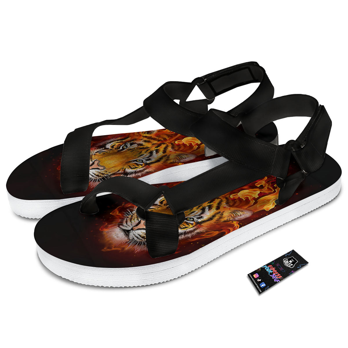 Tiger Flame Print Black Open Toe Sandals-grizzshop