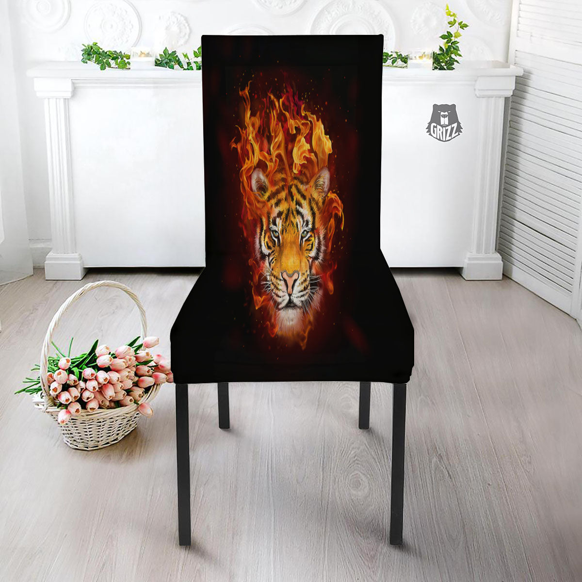 Tiger Flame Print Dining Chair Slipcover-grizzshop