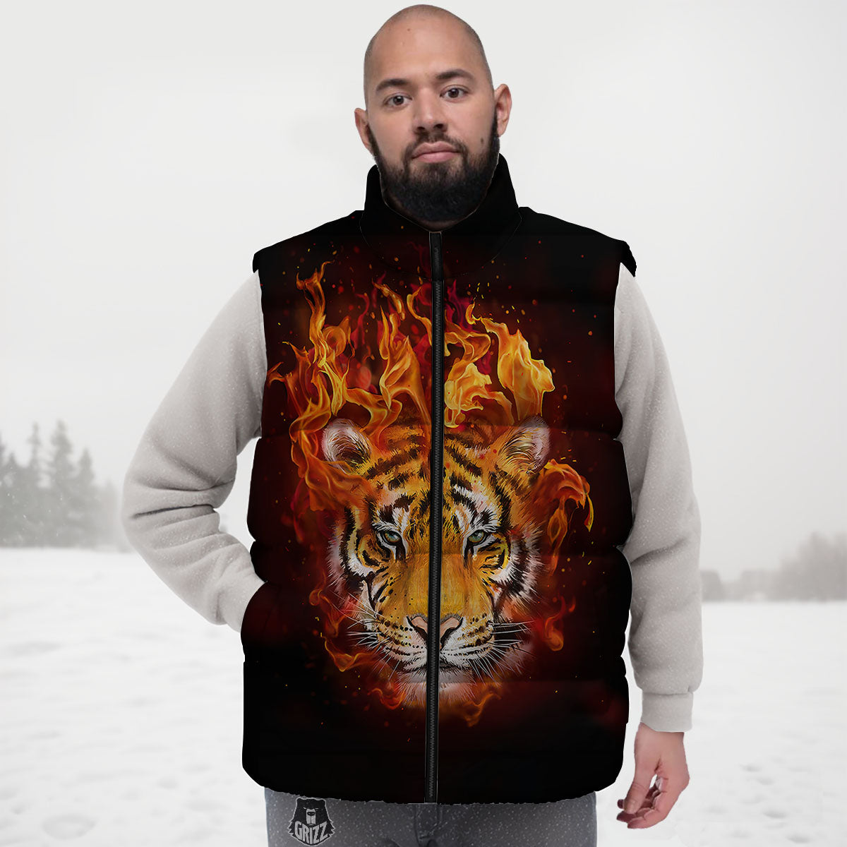 Tiger Flame Print Down Vest
