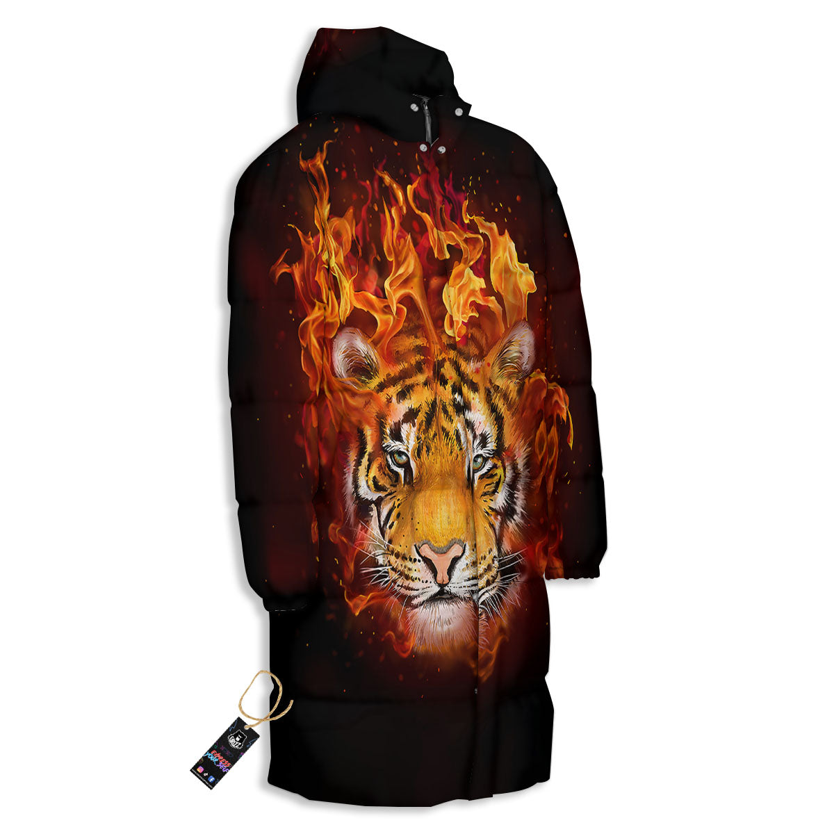 Tiger Flame Print Long Down Jacket-grizzshop