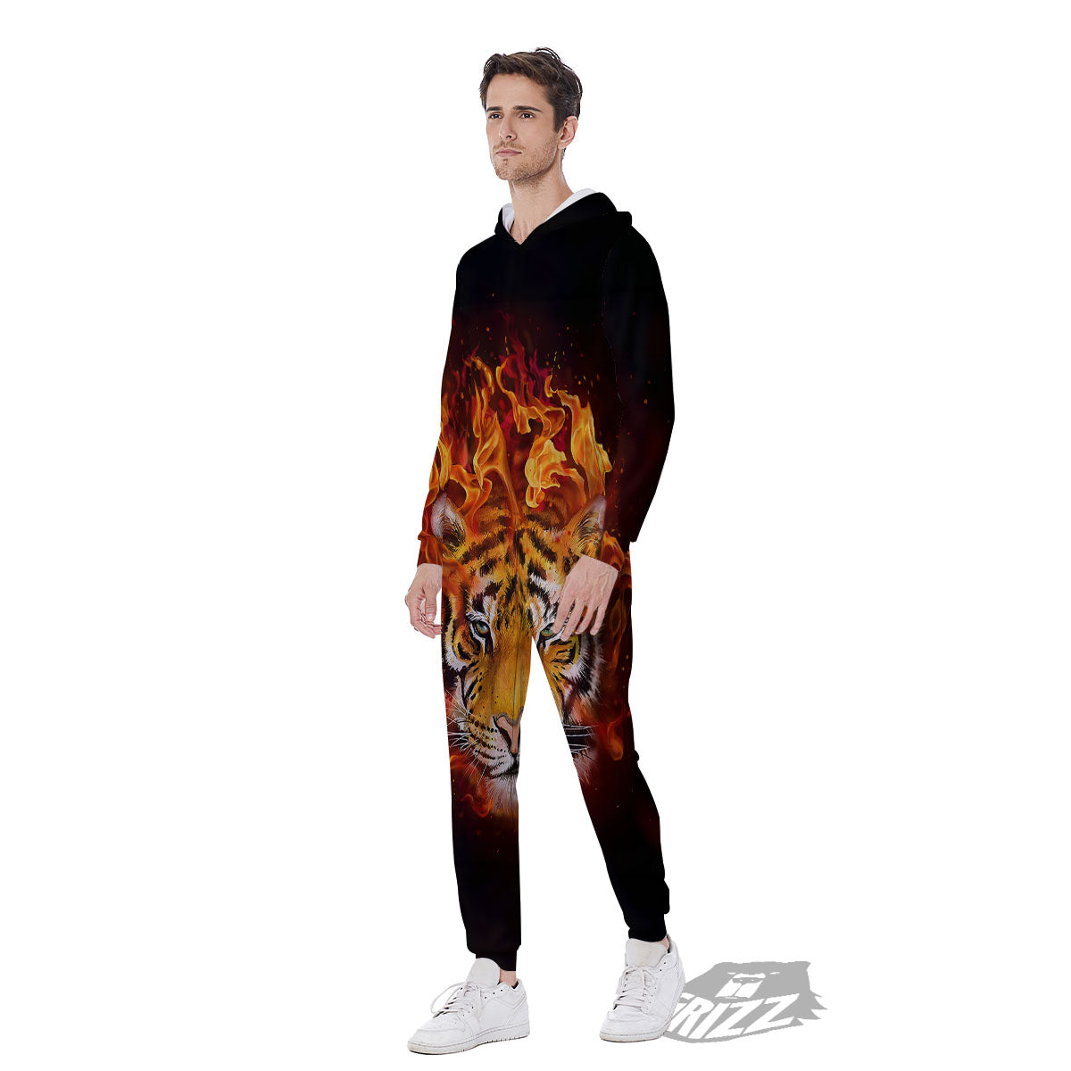 Tiger Flame Print Men's Jumpsuit-grizzshop