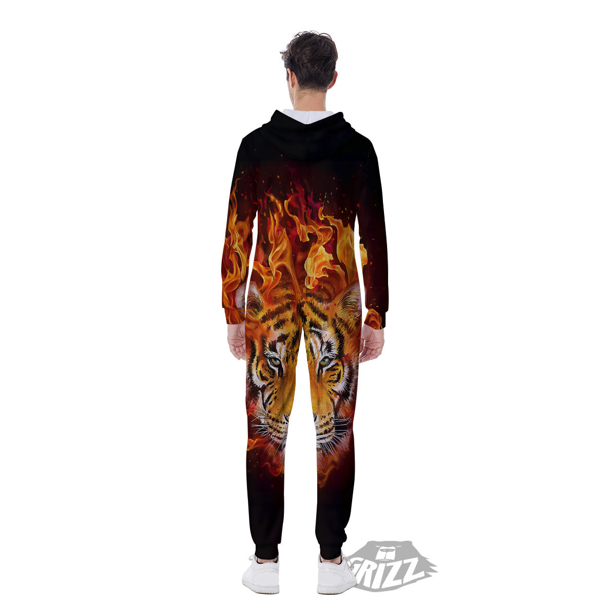 Tiger Flame Print Men's Jumpsuit-grizzshop