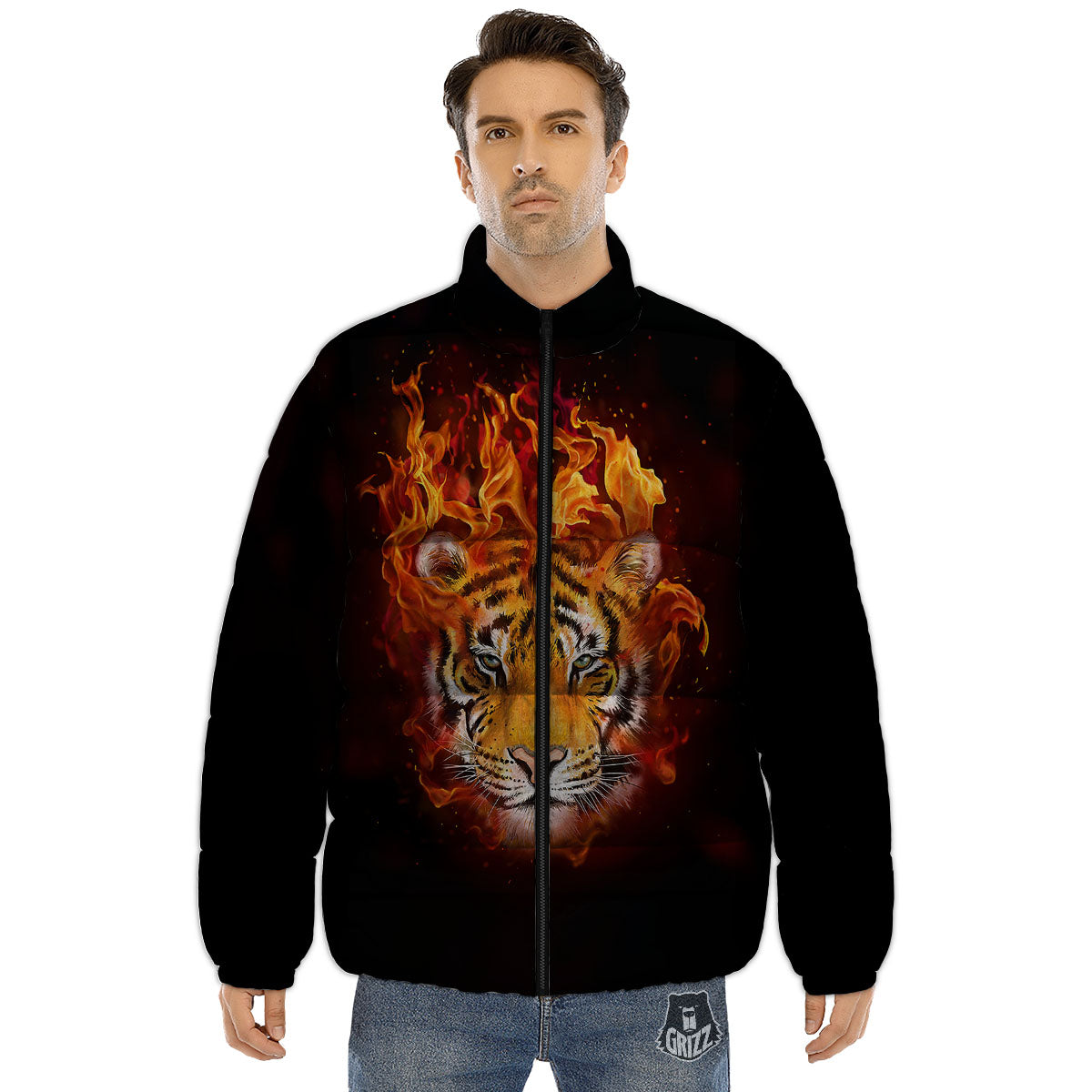 Tiger Flame Print Puffer Jacket-grizzshop