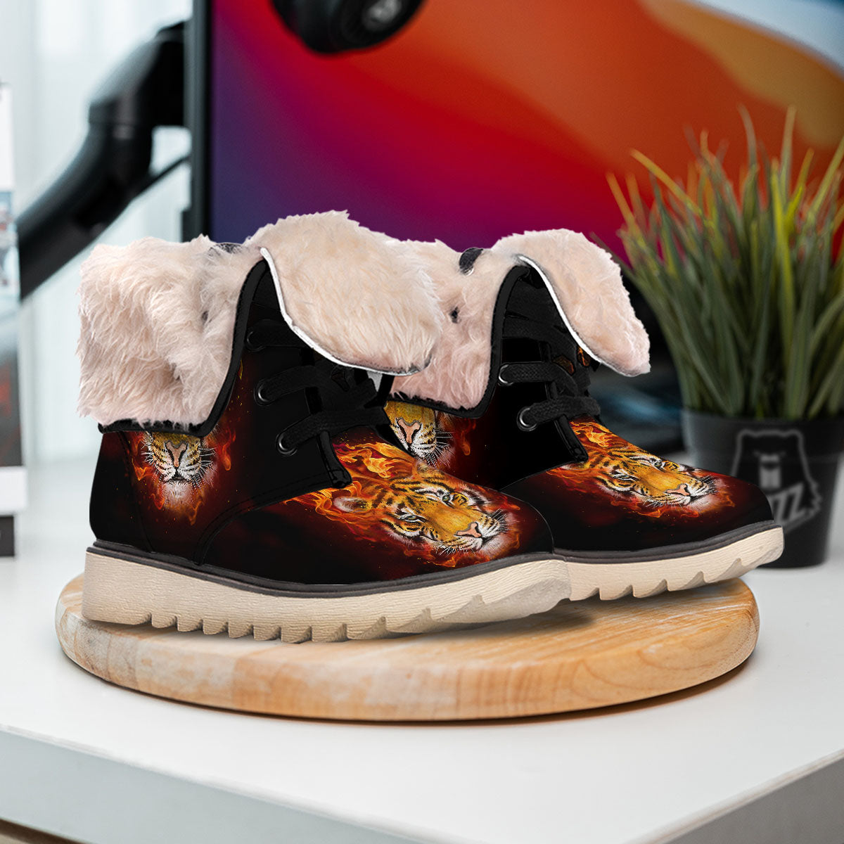 Tiger Flame Print Snow Boots-grizzshop