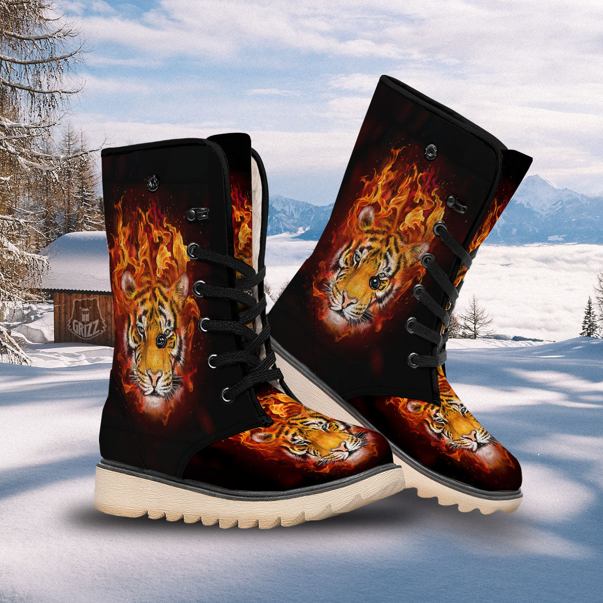 Tiger Flame Print Snow Boots-grizzshop