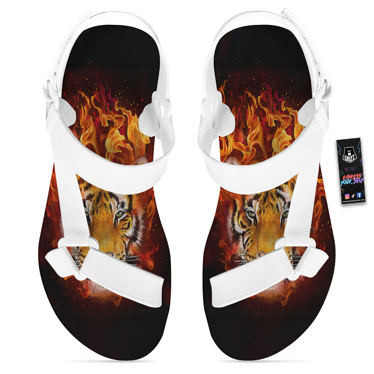 Tiger Flame Print White Open Toe Sandals-grizzshop