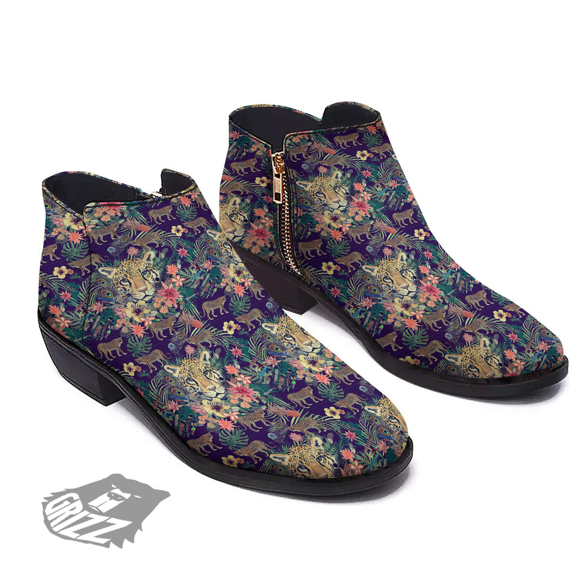 Tiger Flower And Print Pattern Ankle Boots-grizzshop